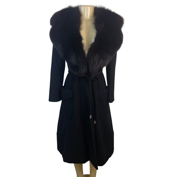 Vintage 50s - 60s Originala Women's Black Wool Coat Fox Fur Collar Belted Waist
